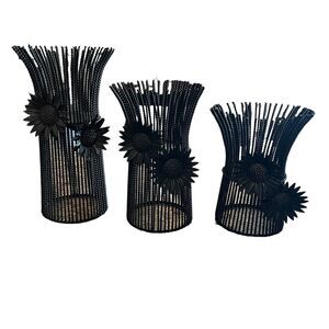 Black Twisted Metal Pilar Candle Holders Sunflower Accents 10” 8” & 7”